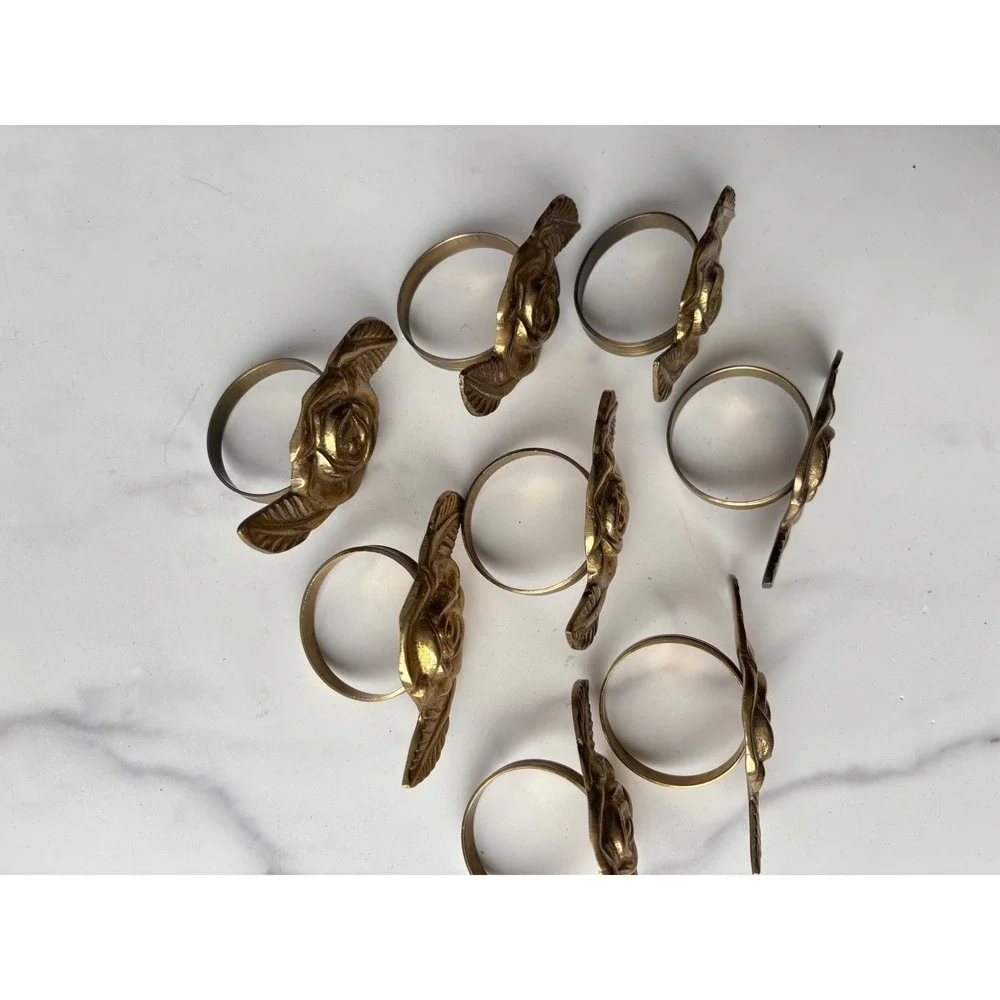 Vintage Brass Rose Napkin Rings Set of 8 Floral Leaf Gold Tone Table Decor